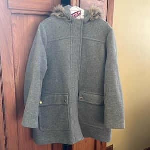 J. Crew car coat with fur trimmed hood, size 20